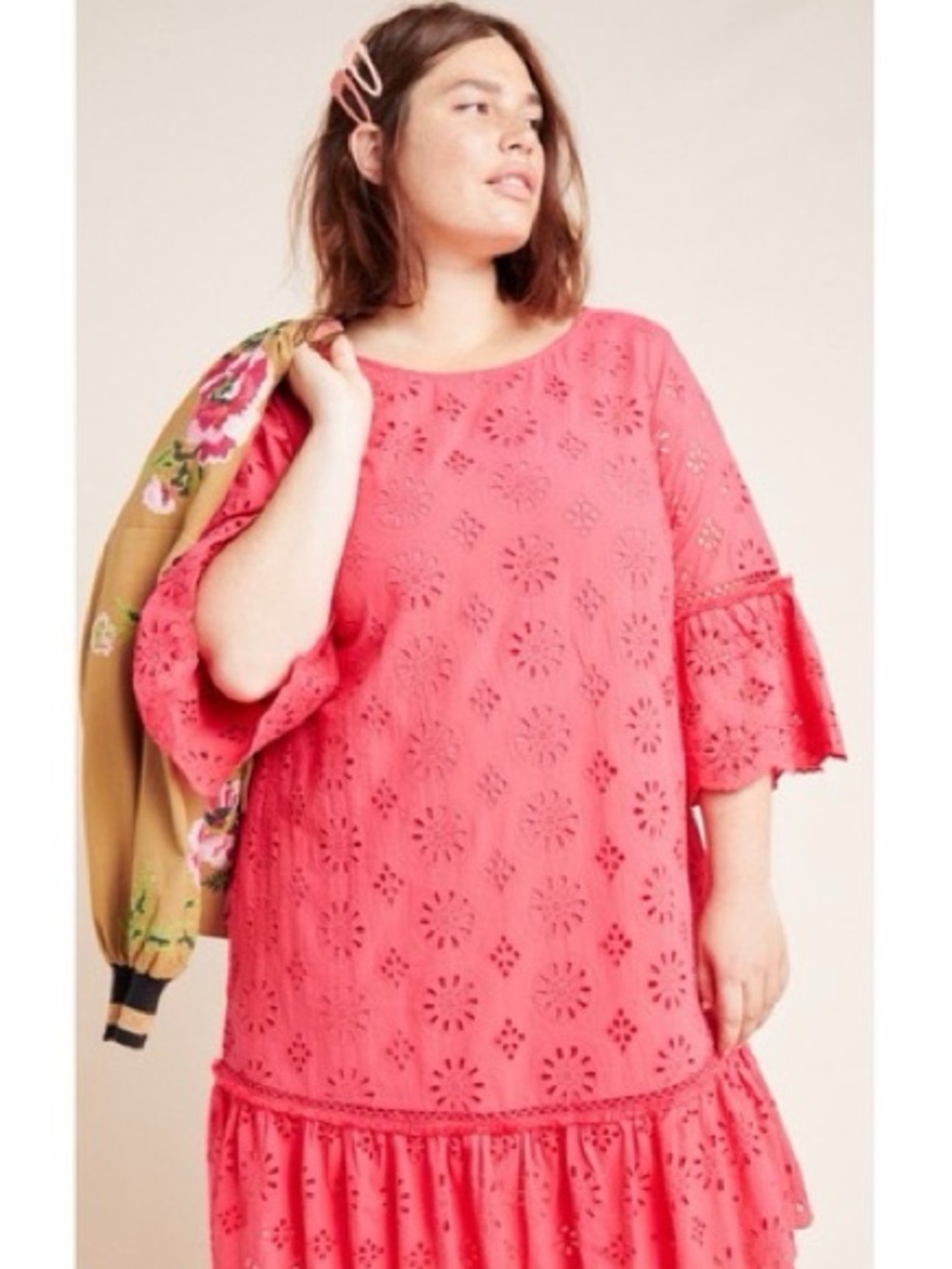 Anthropologie Coral Eyelet Beaded Dress Size 20W Vacation Summer Tropical Vibe